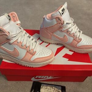 White leather and pink denim high top Nike Dunk HI 1985